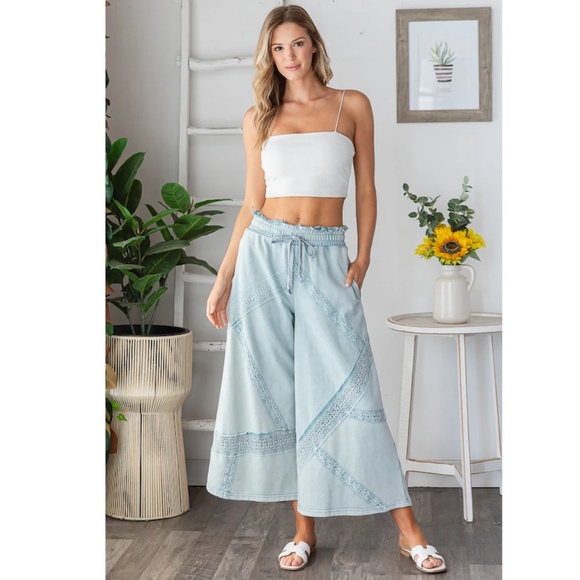"The Leigha" Light Blue Lace Trim Wide Leg Pants - Picture 1 of 5